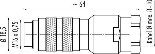 Technische Zeichnung eines Steckverbinders mit Maßen: Gesamtlänge ~64 mm, Durchmesser 18,5 mm, Gewinde M16 x 0,75, für Kabel Ø max. 8-10 mm.
