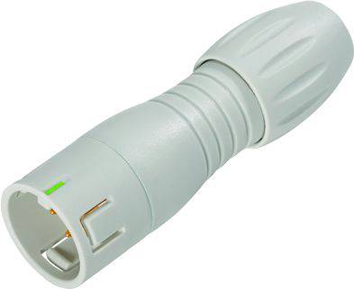 Ein grauer Kabelverbinder mit geriffelter Oberfläche und einem grünen Indikatorlicht auf der Seite. Geeignet für elektrische Anwendungen.