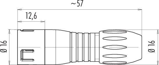 Technische Zeichnung eines zylindrischen Objekts mit einem Durchmesser von 16 mm und einer Gesamtlänge von ca. 57 mm, mit detailliertem Design.