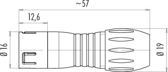 Technische Zeichnung eines Steckverbinders mit Maßen: Länge circa 57 mm, Durchmesser 16 mm am Steckende und 19 mm an der Hülse.