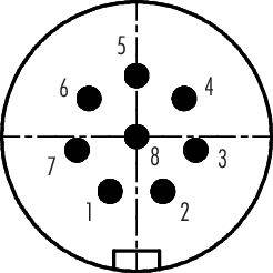 Kreisförmige Steckeranordnung mit acht nummerierten Pins. Linien durchkreuzen den Kreis horizontal und vertikal.