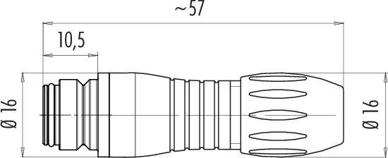 Technische Zeichnung eines Steckverbinders mit Abmessungen: Gesamtlänge ca. 57 mm, Durchmesser 16 mm, Bauteil 10,5 mm lang.