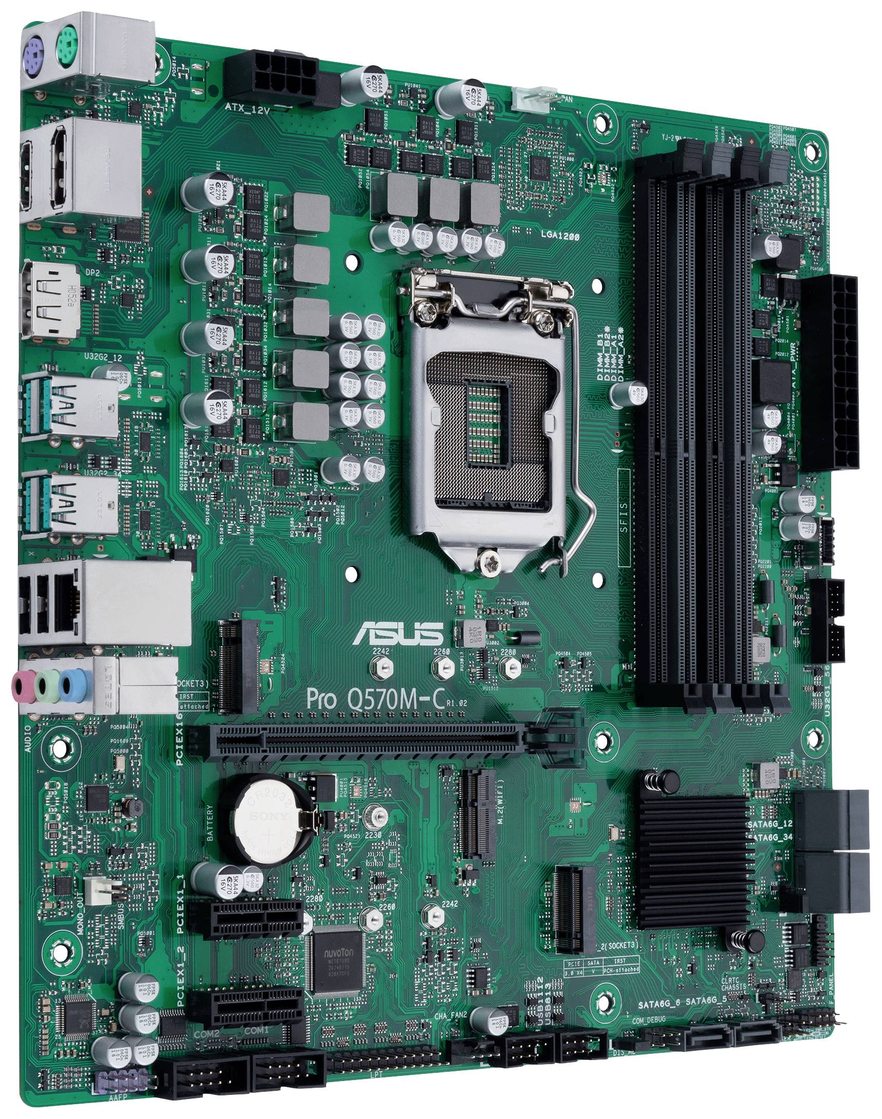 Eine grüne Computer-Mainboard-Platine mit verschiedenen Anschlüssen und Steckplätzen für Prozessor, RAM und Erweiterungskarten.