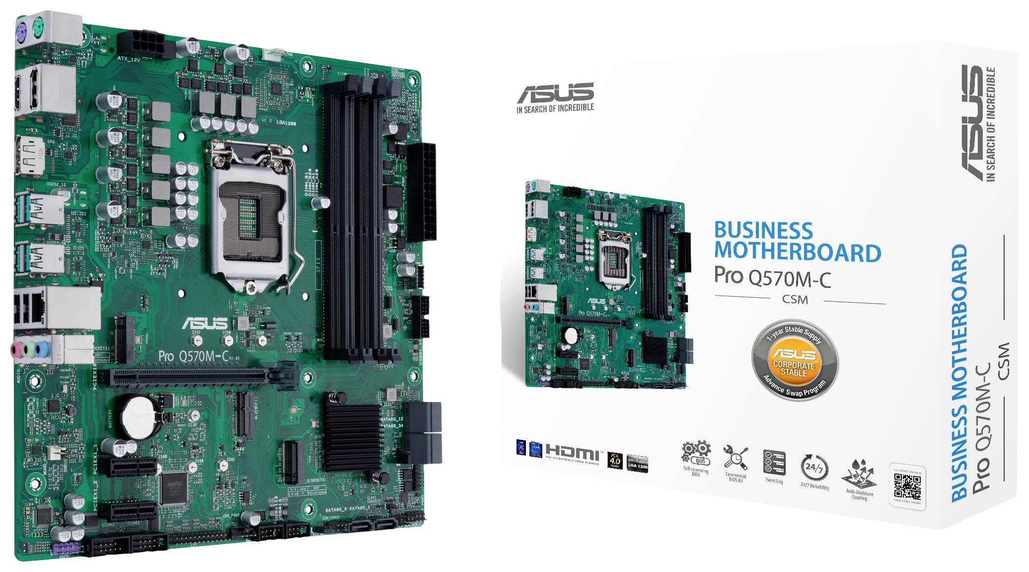 Eine ASUS Pro Q570M-C CSM Business-Motherboard-Platine neben ihrer Produktverpackung, die technische Spezifikationen zeigt.