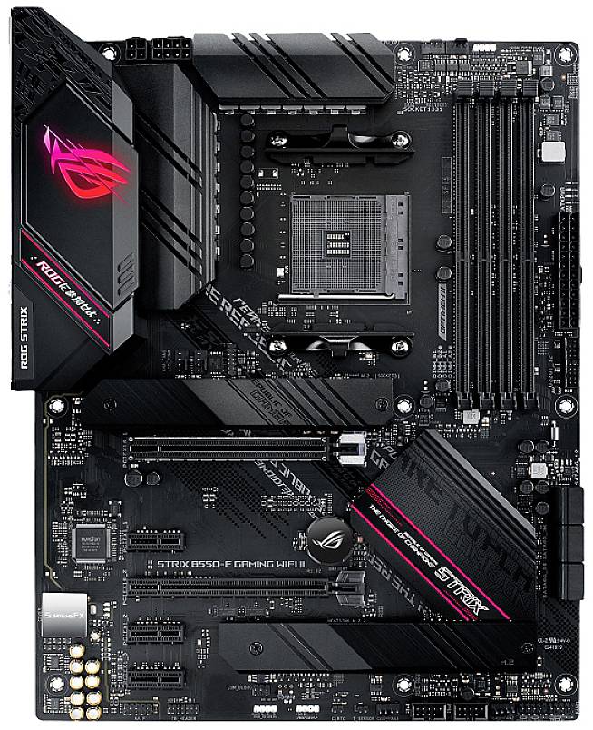 Ein schwarzes Motherboard mit mehreren Steckplätzen und Anschlüssen, das für Gaming-PCs geeignet ist. Oben links ist ein beleuchtetes Logo erkennbar.