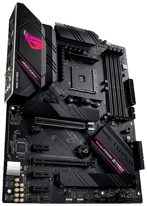 Ein schwarzes PC-Mainboard mit mehreren Steckplätzen und Anschlüssen, markiert mit 'Republic of Gamers', für Gaming-Computer geeignet.