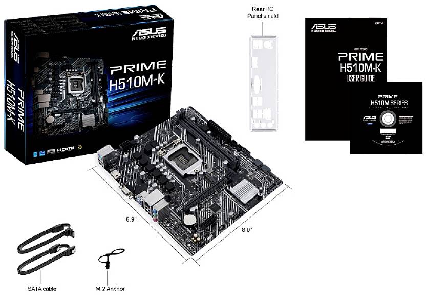 'ASUS PRIME H510M-K Mainboard-Set': Enthält eine Hauptplatine, eine Hinterblende, zwei SATA-Kabel, ein M.2-Anker und Handbücher.