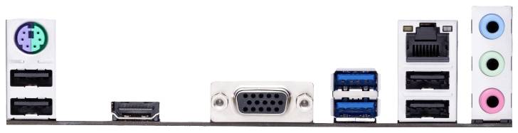 Anschlüsse auf einer Computer-Mainboard-Rückseite: PS/2, USB, HDMI, VGA, Ethernet, Audio.