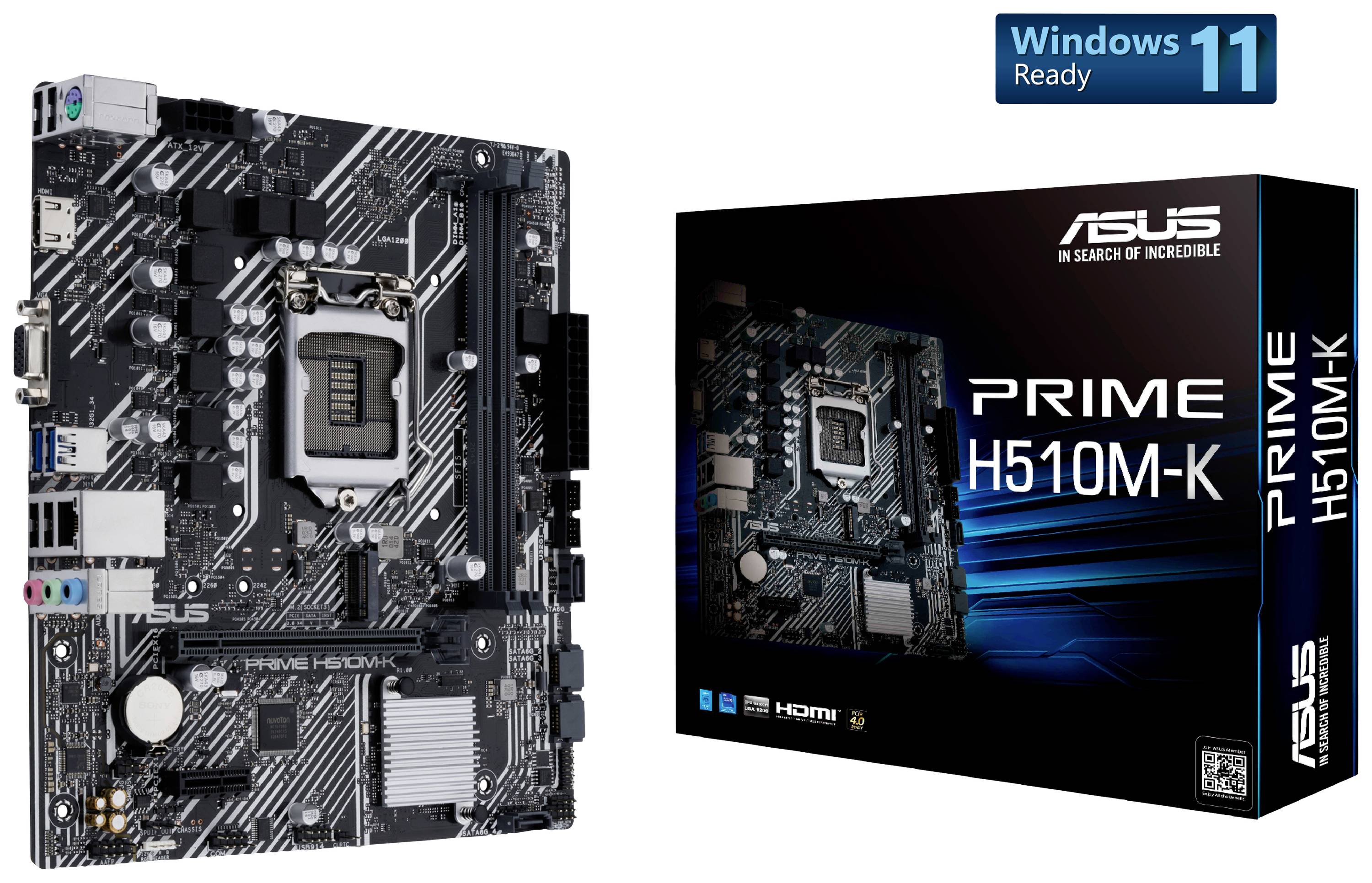 'ASUS PRIME H510M-K' Mainboard mit Verpackung. Kompatibel mit Windows 11. Geeignet für PCs, detailliertes Platinenlayout sichtbar.