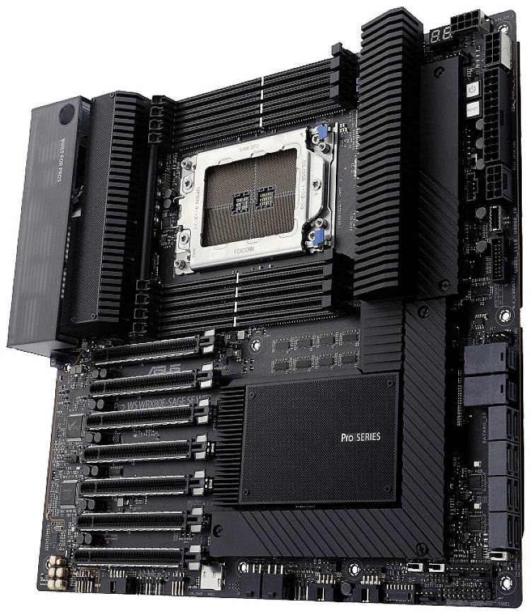 Eine schwarze Computer-Motherboard-Platine mit mehreren Steckplätzen und Anschlüssen, geeignet für Hochleistungsanwendungen.