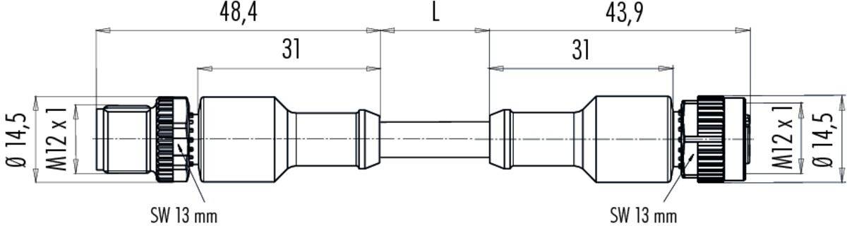 Technische Zeichnung eines zylindrischen Verbinders mit Maßen: Gesamtlänge 96,3 mm, Durchmesser 14,5 mm, Gewinde M12 x 1.