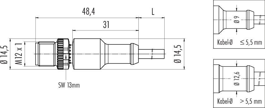 Technische Zeichnung eines zylindrischen Steckverbinders mit Maßen: Länge 48,4 mm, Durchmesser 14,5 mm, Schlüsselweite 13 mm.