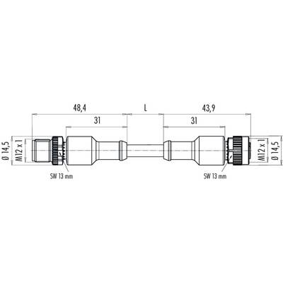 Technische Zeichnung eines Verbindungsstücks mit Abmessungen: Gesamtlänge 'L', Durchmesser 14,5 mm, Gewinde M12 x 1, Schlüsselweite 13 mm.