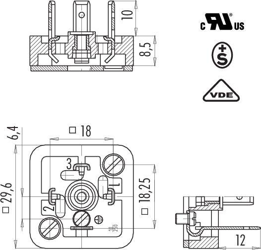 Technische Zeichnung eines Schalters mit Abmessungen in Millimetern und Zertifizierungslogos für Sicherheitsstandards.