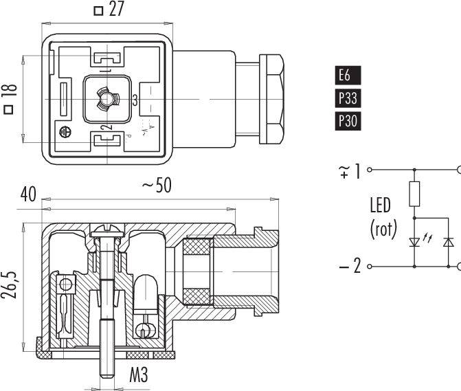 Technische Zeichnung eines elektrischen Steckverbinders mit Abmessungen und Schaltplan. Zeigt Position der LED-Anzeige und Anschlüsse.