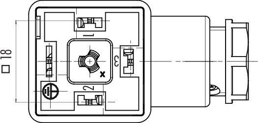 Technische Zeichnung eines elektrischen Steckverbinders mit drei nummerierten Anschlussfeldern und Maßen, quadratisch 18 mm.