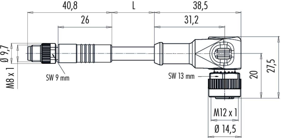 Technische Zeichnung eines Adapters mit M8- und M12-Anschlüssen, Bemaßungen in Millimetern zur Veranschaulichung der Größe.