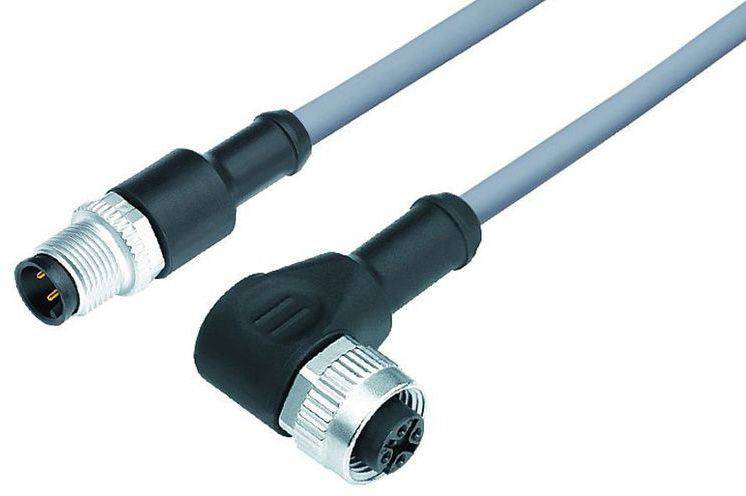 Zwei industrielle Steckverbinder mit Kabel: einer gerade, einer im rechten Winkel. Werden zur Verbindung von Geräten verwendet.