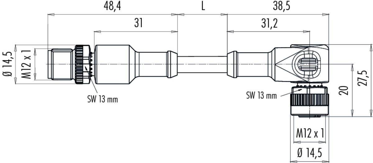 Technische Zeichnung eines Steckverbinders mit Maßen: Gesamtlänge 'L', Durchmesser 'ø 14,5 mm', Schraubgewinde 'M12 x 1'.