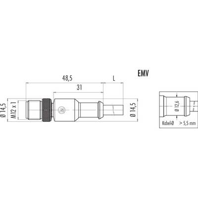Technische Zeichnung eines zylindrischen Steckers mit M12-Gewinde, Länge 48,5 mm, für Kabeldurchmesser über 5,5 mm, mit Beschriftung 'EMV'.