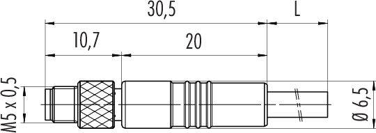 Technische Zeichnung eines zylindrischen Teils mit gerändeltem Griff. Maße: Länge 30,5 mm, Griff 10,7 mm, Durchmesser 6,5 mm.