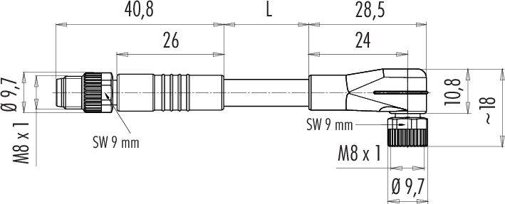 Technische Zeichnung eines Kabelverbinders mit Maßen: Länge 40,8 mm, Durchmesser 9,7 mm, Gewinde M8 x 1.