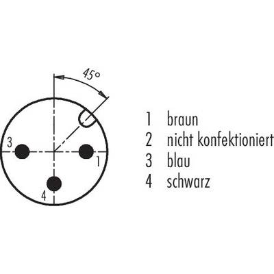 'Diagramm eines Steckverbinders mit 4 Kontakten: 1 braun, 2 nicht konfektioniert, 3 blau, 4 schwarz, mit 45° Markierung.'