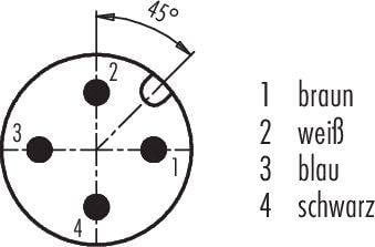Steckerdrahtplan: Kreisdiagramm mit vier nummerierten Anschlüssen (1: braun, 2: weiß, 3: blau, 4: schwarz); Winkel 45°.