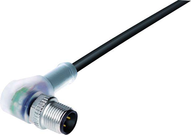 Ein rechtwinkliger Steckverbinder mit einem Kabel. Perfekt für enge Räume, oft in industrieller Automatisierung und Elektronik verwendet.