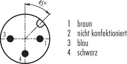 Steckertabelle: Kreisdiagramm mit vier nummerierten Punkten. 1: braun, 2: nicht konfektioniert, 3: blau, 4: schwarz. Oben Pfeil bei 45°.