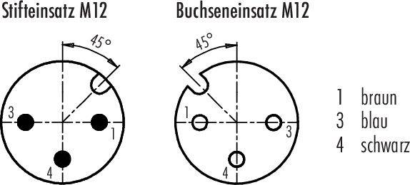 'Stifteinsatz M12' zeigt drei Markierungen: '1 braun', '3 blau', '4 schwarz'. 'Buchseinsatz M12' hat gleiche Markierungen, sortiert im Uhrzeigersinn.