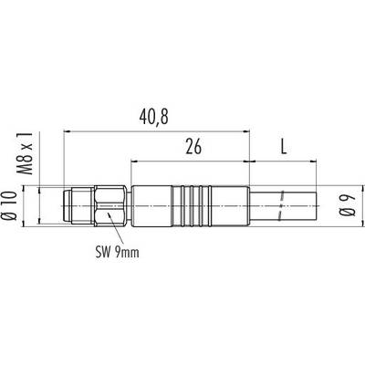 Technische Zeichnung eines Zylinderstifts. Maße: Länge 40,8 mm, kleiner Durchmesser 9 mm, größerer Durchmesser 10 mm.