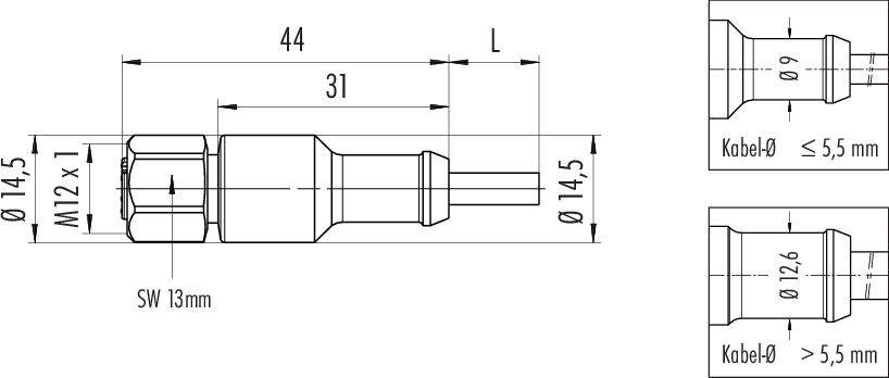 Technische Zeichnung eines Steckverbinders, Maße in Millimetern: Gesamtlänge 'L', Hauptdurchmesser 14,5 mm, M12 x 1 Gewinde, Schlüsselweite 13 mm.