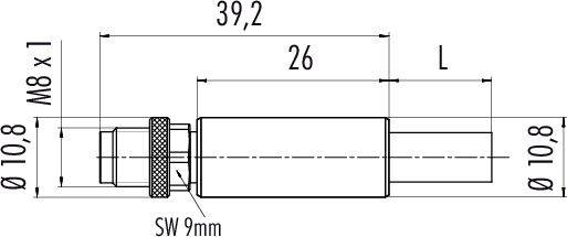 Technische Zeichnung eines zylindrischen Metallteils mit Gewinde, Länge 39,2 mm, Durchmesser 10,8 mm, Gewinde M8 x 1.