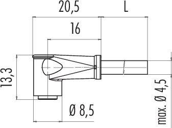 Technische Zeichnung eines Anschlusssteckers mit Maßen: Höhe 13,3 mm, Länge 20,5 mm, Durchmesser 8,5 mm. Maximaler Durchmesser 4,5 mm.