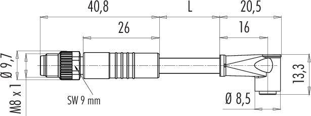 Technische Zeichnung eines Steckverbinders mit Längen- und Durchmesserangaben: 40,8 mm, 20,5 mm, 26 mm, 16 mm. Oberer Durchmesser 9,7 mm.