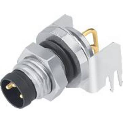 Silberner elektrischer Steckverbinder mit schwarzem Ring, zwei goldenen Stiften und Befestigungsklemmen auf der Seite.