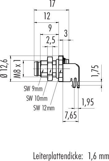 Mechanische Zeichnung eines Anschlusssteckers mit Maßen und Angaben zur Leiterplattendicke von 1,6 mm.