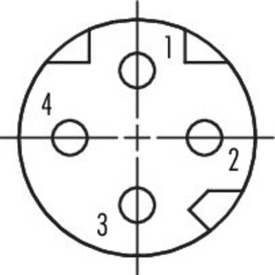Diagramm eines vierpoligen Steckverbinders mit nummerierten Anschlüssen von 1 bis 4, zeigt deren Positionen in einem kreisförmigen Layout.