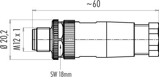 Technische Zeichnung eines zylindrischen Steckverbinders mit M12 x 1 Gewinde, Durchmesser 20,2 mm, Gesamtlänge ca. 60 mm.