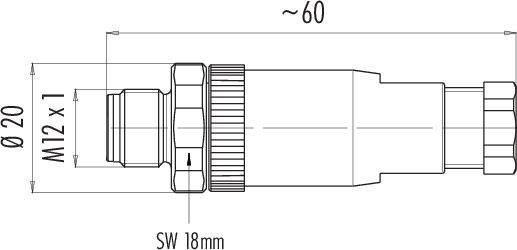 Technische Zeichnung eines zylindrischen Steckverbinders. Maße: Durchmesser 20 mm, Länge ca. 60 mm, Gewinde M12 x 1, Schlüsselweite 18 mm.