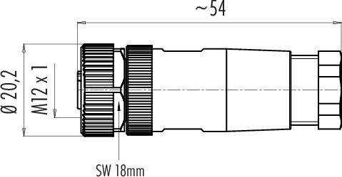 Zeichnung eines elektrischen Steckverbinders, zeigt Maße: Durchmesser 20,2 mm, Länge ca. 54 mm, Schlüsselweite 18 mm, Gewinde M12 x 1.
