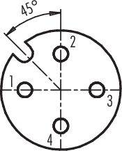 Dies ist eine technische Zeichnung eines Kreises mit vier symmetrisch angeordneten Löchern, nummeriert von 1 bis 4. Ein Pfeil zeigt einen 45-Grad-Winkel an.