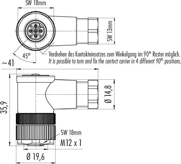 Zeichnung eines Winkelsteckverbinders. Oben: Draufsicht mit 45°-Winkelangabe. Unten: Seitenansicht mit Maßen und M12-Gewinde.