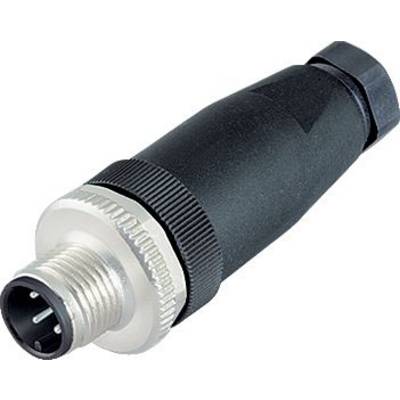 Ein schwarzer und silberner Kabelstecker, zylindrisch mit mehreren Stiften an einem Ende, für elektronische Verbindungen.