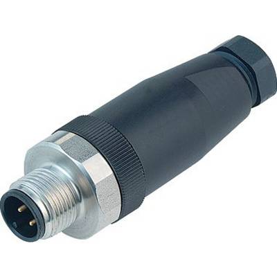 Ein schwarzer, zylindrischer Stecker mit metallischem Gewinde und drei Stiften. Geeignet für elektrische Verbindungen.