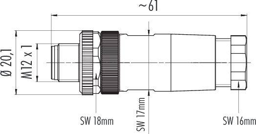 Stecker mit M12-Gewinde, Länge ca. 61 mm. Durchmesser 20,1 mm, Schlüsselweiten 18 mm und 16 mm, Zeichnung mit Maßangaben.