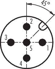 Diagramm eines 5-poligen Steckverbinders mit nummerierten Kontakten und einem 45-Grad-Winkel.