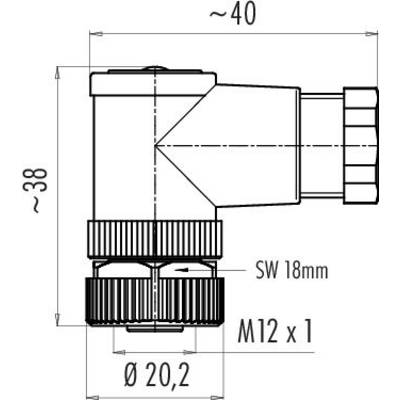 Technische Zeichnung eines Winkelsteckverbinders. Maße: 40 mm Länge, 38 mm Höhe, Ø 20,2 mm. Beschriftet mit 'SW 18mm' und 'M12 x 1'.