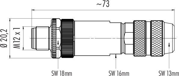 'Technische Zeichnung eines zylindrischen Steckers, Länge ~73 mm, Durchmesser 20,2 mm, mit drei Sechskantteilen: SW 18 mm, 16 mm, 13 mm.'
